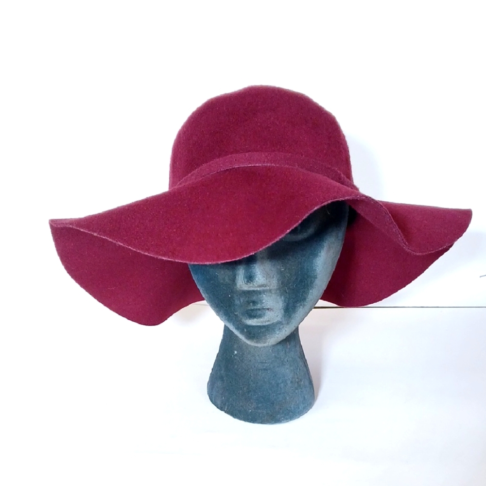 🍷 Maroon Felt Floppy Hat with Bow Cottagecore Boho Mobwife Vintage Retro